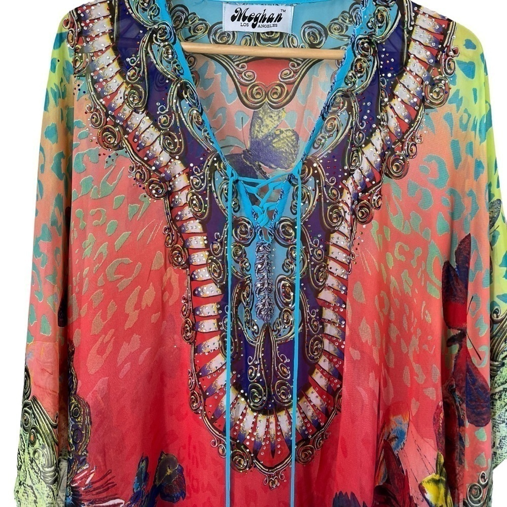 MEGHAN LOS ANGELES Silk Rhinestone Butterfly Poncho Tunic Top‎ - Picture 5 of 12
